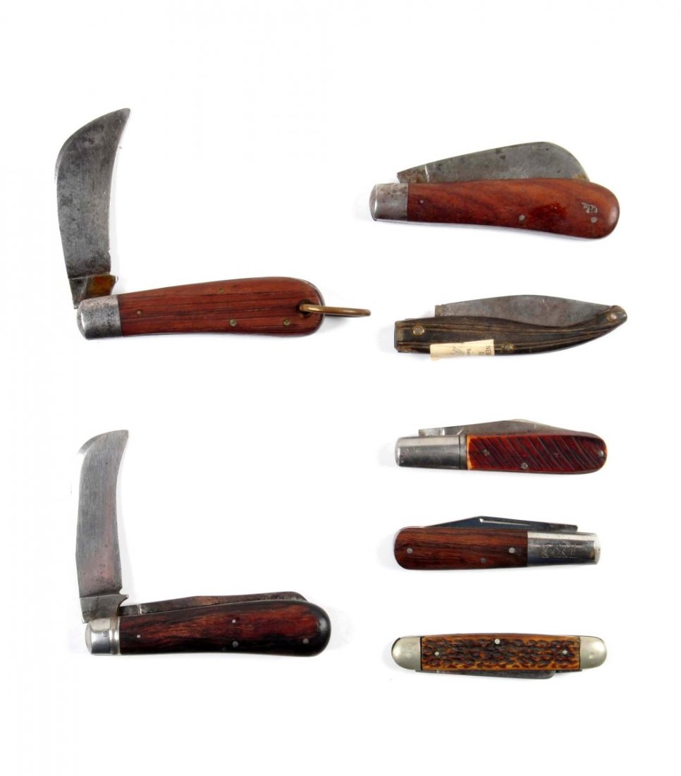 Lot of 7: Vintage Folding Knives.: Napanoch Knife Co. Napanoch, N.Y. 4" two-blade prunner handled in walnut. Both blades are solid with strong snap in both open and close directions, along with perfect half stops. Handle scales are per