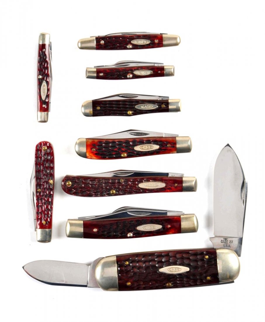 Lot of 9: Case Folding Knives.: Case XX U.S.A. 3" No. 6225-1/2 two-blade swell center jack knife handled in bone; circa 1964 to 1970. Case XX 4-1/8" No. 61048 one-blade slim trapper handled in bone; circa 1940 to 1964. Case XX U.S.A