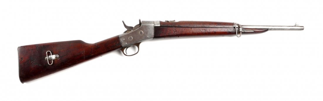 Remington Rolling Block 7mm S.R.C. (C).: Serial # NSV Barrel length 20-1/2", 7mm Mauser. Fairly typical Remington rolling block military, single shot, saddle ring carbine. Features: three piece military style walnut stock with carbine butt p