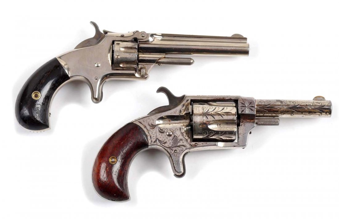 Lot of 2: Fine Antique Spur Trigger Revolvers (A).: Serial # B2567 & 97718 The first revolver is a Smith & Wesson No. 1 third issue, manufactured 1868 to 1881. Features seven shot, .22 short rimfire, 3-3/16" barrel, nickel finish, bird head rosewood gr