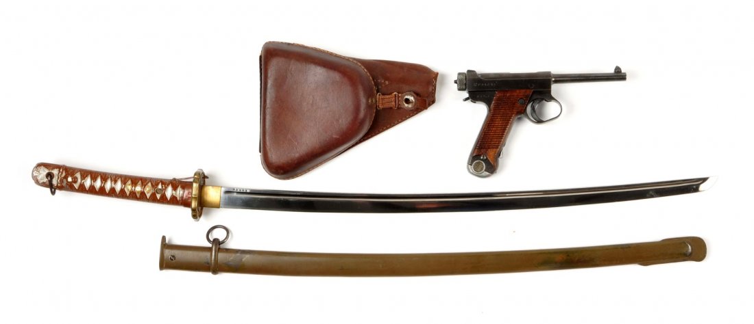 Japanese Nambu Pistol & Sword W/Capture Papers (C): Serial # 54632 8mm caliber, barrel length 4.7". This Lot of 2 Japanese WWII weapons is accompanied by capture papers. Listing captured enemy material "Japanese sword, Japanese pistol, binoculars, came