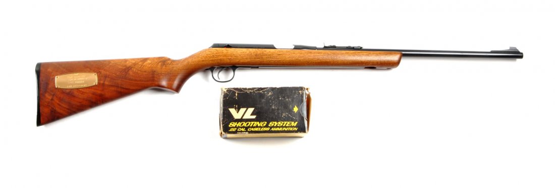 Daisy Model VL Rifle Presented to Bill Jordan (C).: Serial # A000120 Caliber .22. Barrel length 18". Daisy introduced the model VL in 1968 it is considered a combination airgun/firearm as it features the Daisy VL caseless ammunition that was ignited wi