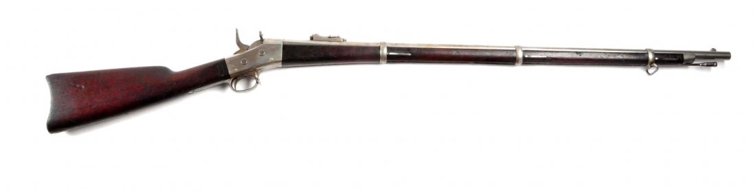 Remington Rolling Block No. 1 Military Rifle (A).: Serial # NSV Barrel length 36", .50-70 caliber. All metal is finished in the white. Features: three barrel bands, each inspector marked with "B", "B" is also stamped on left side of frame. "23S" is st