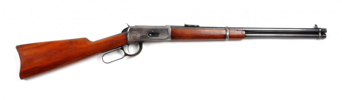 Winchester Model 1894 S.R.C. (C).: Serial # 1008648 20" barrel in .30 WCF caliber. Manufactured in 1927. Standard old school Winchester 94 Saddle Ring Carbine with full round barrel, full magazine, blued finish, walnut stocks, carbine 