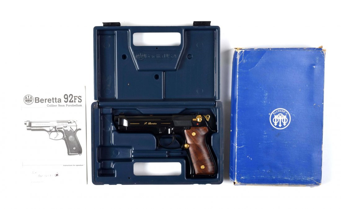 Beretta Model 92F Semi-Automatic Pistol (M).: Serial # BER161317Z Features a 5" barrel chambered for the 9 mm cartridge. This is a highly finished version of the Model 92 that features the high polish commercial blue finish with gold accents and