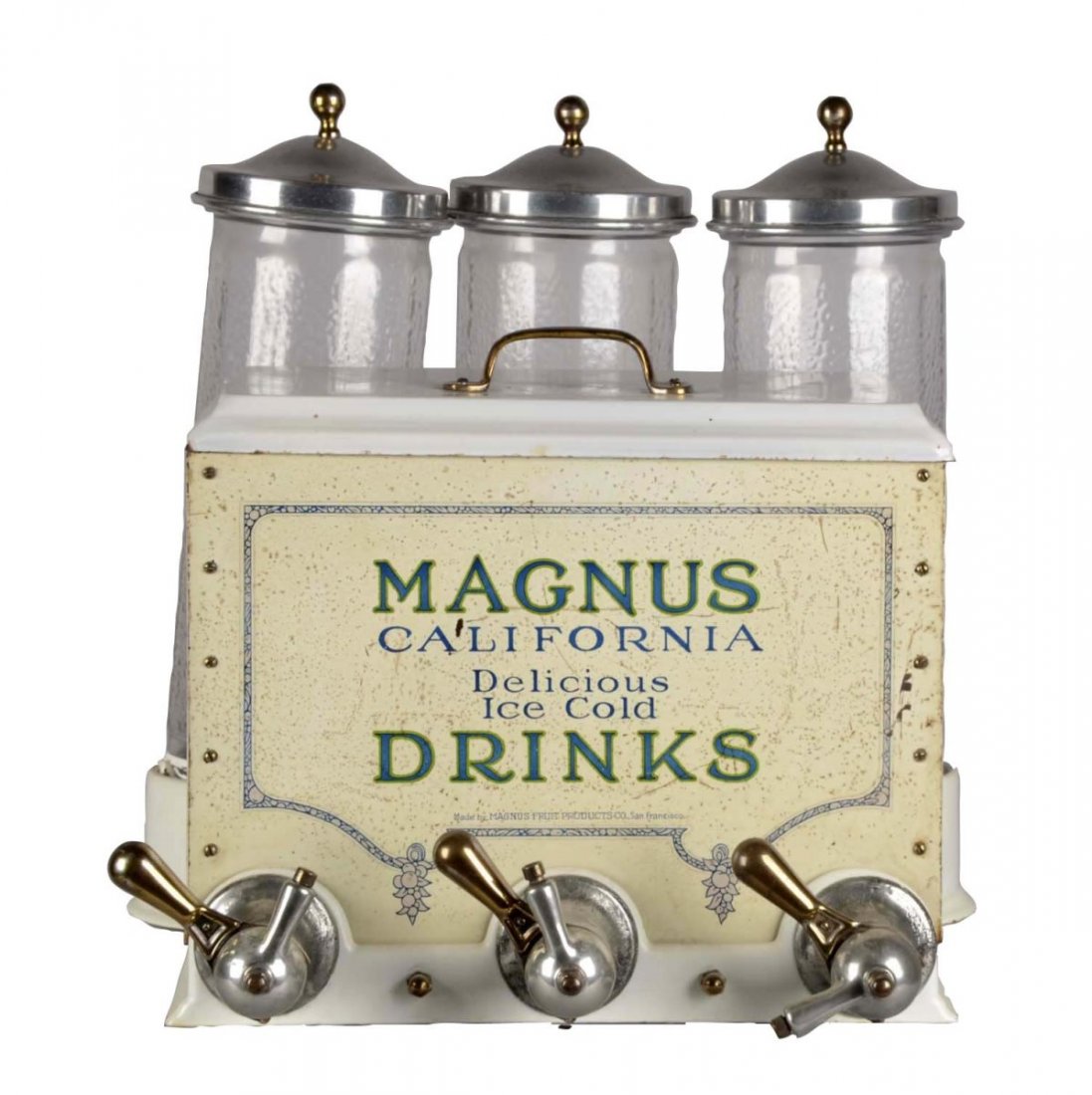 Magnus Cooler & Syrup Dispenser: This self contained soda station was manufactured by Magnus Fruit Products Co. of San Francisco. The metal cooler has beautiful lithography, three polished metal taps and copper rivets. The enameled s