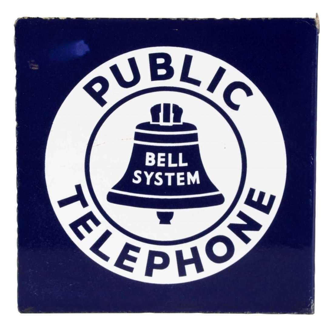 Bell Telephone Systems Porcelain Flange Sign: Features Bell System's logo. The surface of the sign is in excellent condition, but the edges are chipped. Condition (Very Good). Size 11" x 11"