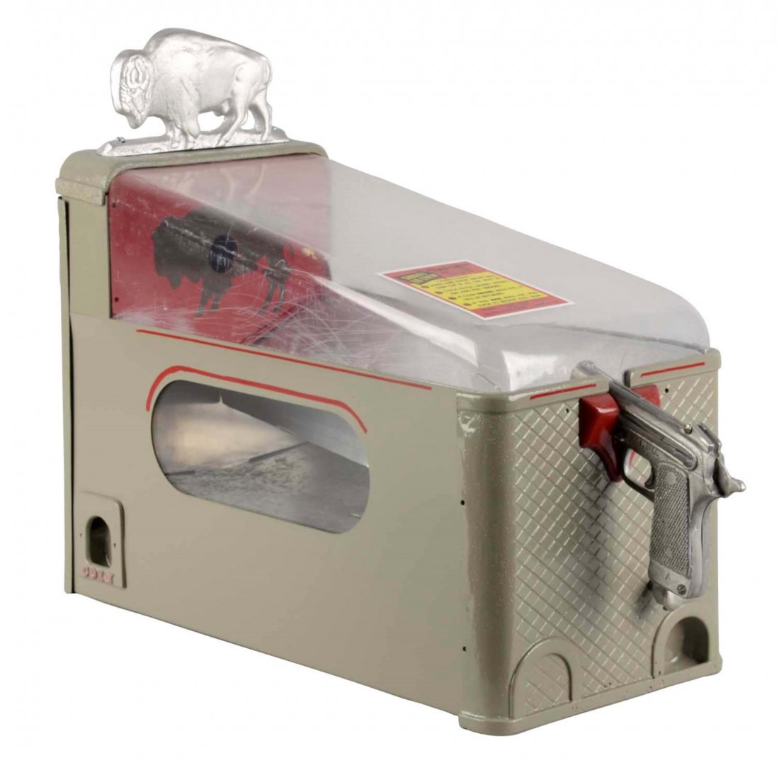 1¢ Silver King Target Ball Gum Vendor: This countertop game is constructed from metal and glass. The player puts their penny in the gun and shoots at the bullseye. If the player hits the target, they get their penny back and if they miss t
