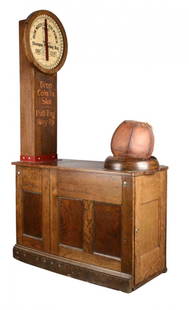 1¢ Champion Punching Bag Arcade Machine: This 1¢ arcade strength tester was manufactured by the Exhibit Supply Company. The structure is made from oak and the punching bag is leather. It has a Patent date of July 10, 1917. Appear complete b