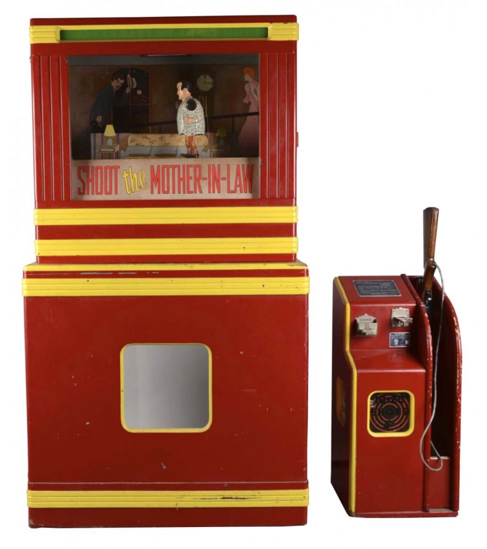 5¢ Shoot The Mother-In-Law Arcade Game: This 5¢ shooting gallery skill game was manufactured by Seeburg Corporation of Chicago. It is Model G-2 and has the Serial No. 16119. It consists of 3 parts; the base cabinet, the arcade cabinet (34-
