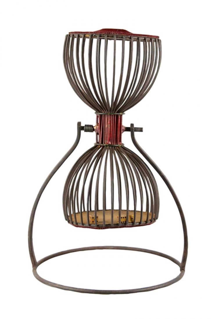 Early Tabletop Chuck A Luck Dice Cage: This early birdcage includes three small, butterscotch dice housed in a cage with red velvet fabric on the outside of each end. Stands on a round wire base and is without a turning handle. Self turnin