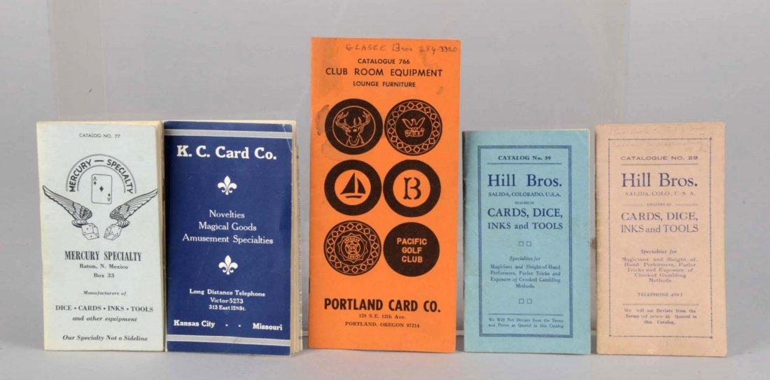 Lot Of 5: Gambling Casino Catalogs: Including 1 - Hill Bros. Catalog No. 39, 1 - Hill Bros. Catalog No. 29 with a few handwritten notes, 1 - Portland Card Co. Catalgue 766 Club Room Equipment Lounge Furniture with a few hand written not