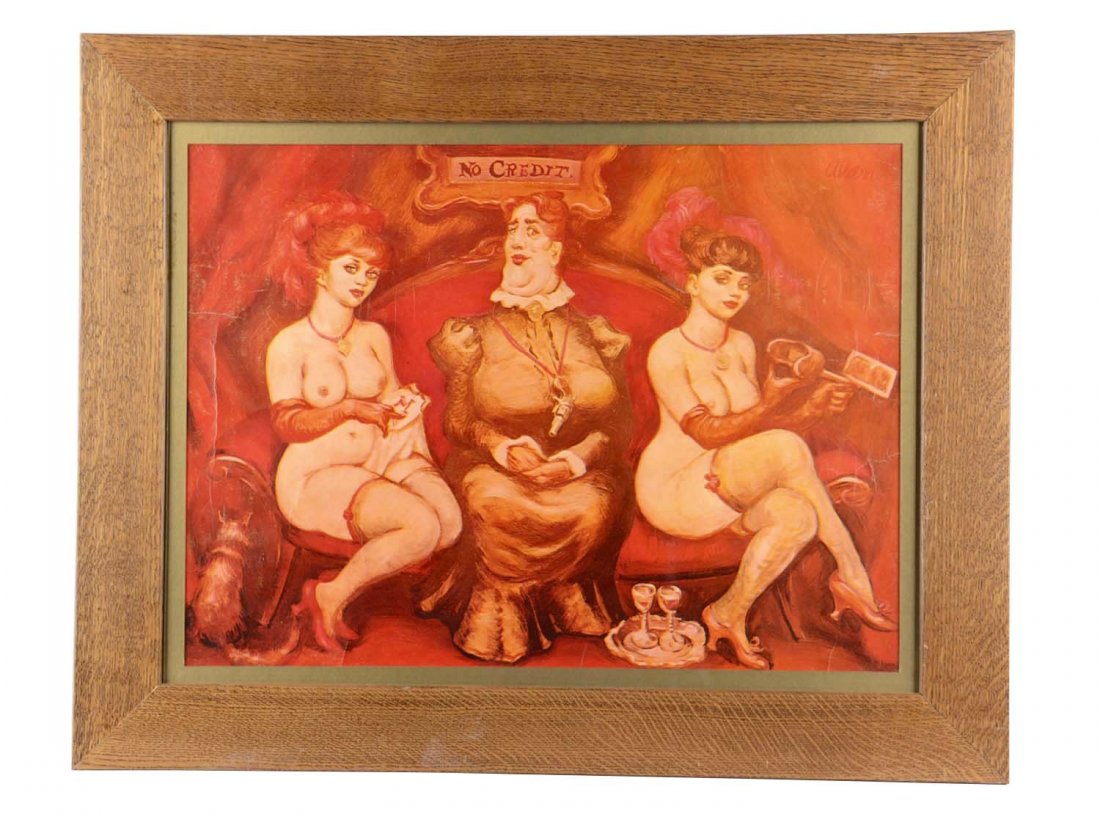 No Credit Brothel Artwork In Frame: Red tone litho reads "No Credit" across the top and features a Madame and two nude prostitutes seated on a couch. Piece has excellent color and shine with one tear at each side and a few creases throu