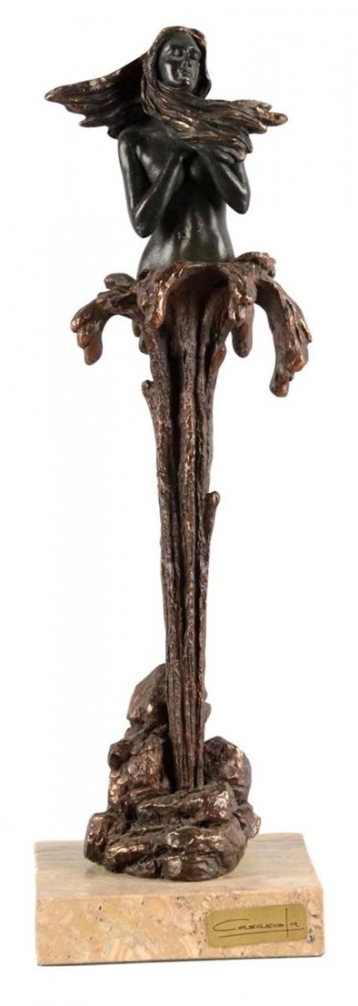 Jose Luis de Casasola Bronze Sculpture: Bronze sculpture of nude woman erupting from a geyser bursting from an outcrop of rocks. Sculpture is mounted on a marble base. Condition (Very Good). Size 16-1/2" T.