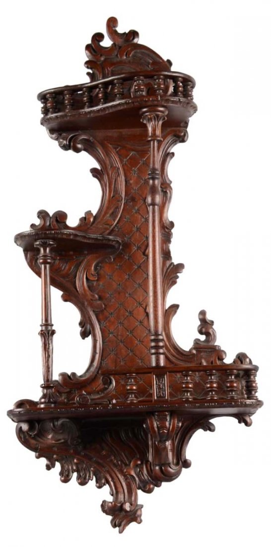 Stickball Figurine Display: Decorative display has three shelves for a few figurines. This pieces has pillars, tiers, and fenced balconies. Condition (Very Good). Size 30" T.