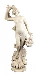 Batacchi "Allegory of Spring" Marble Sculpture: This remarkable, white marble figural sculpture is signed on the back of the base "A. Batacchi, Florence". It features a nude female with gossamer and delicate floral elements surrounding her. It appe