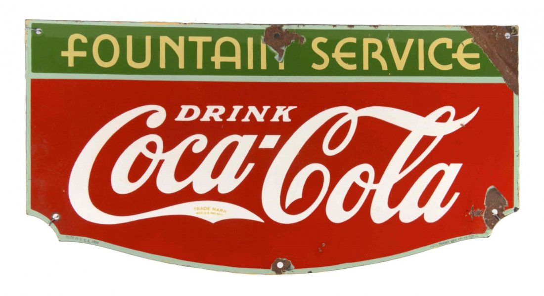 Coca Cola Fountain Service Porcelain Sign: This single sided, die cut sign reads "Fountain Service, Drink Coca-Cola". There is significant enamel loss and oxidation at four of the six mounting holes. Circa 1934. Condition (Good). Size 14"T. x 
