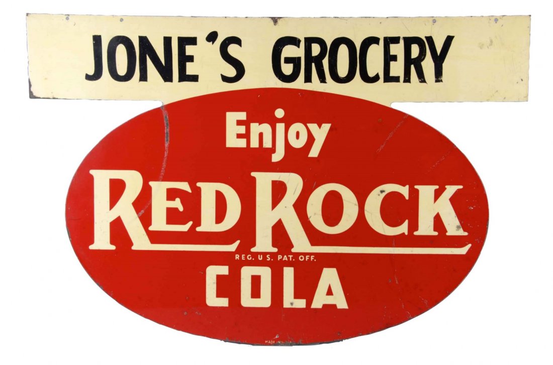 Jone's Grocery Red Rock Cola Tin Advertising Sign: This double sided, die cut sign advertises for Red Rock Cola as sold by Jone's Grocery store. Both sides show some wear with a few dents. Condition (Very Good). Size 35-1/2" x 24"
