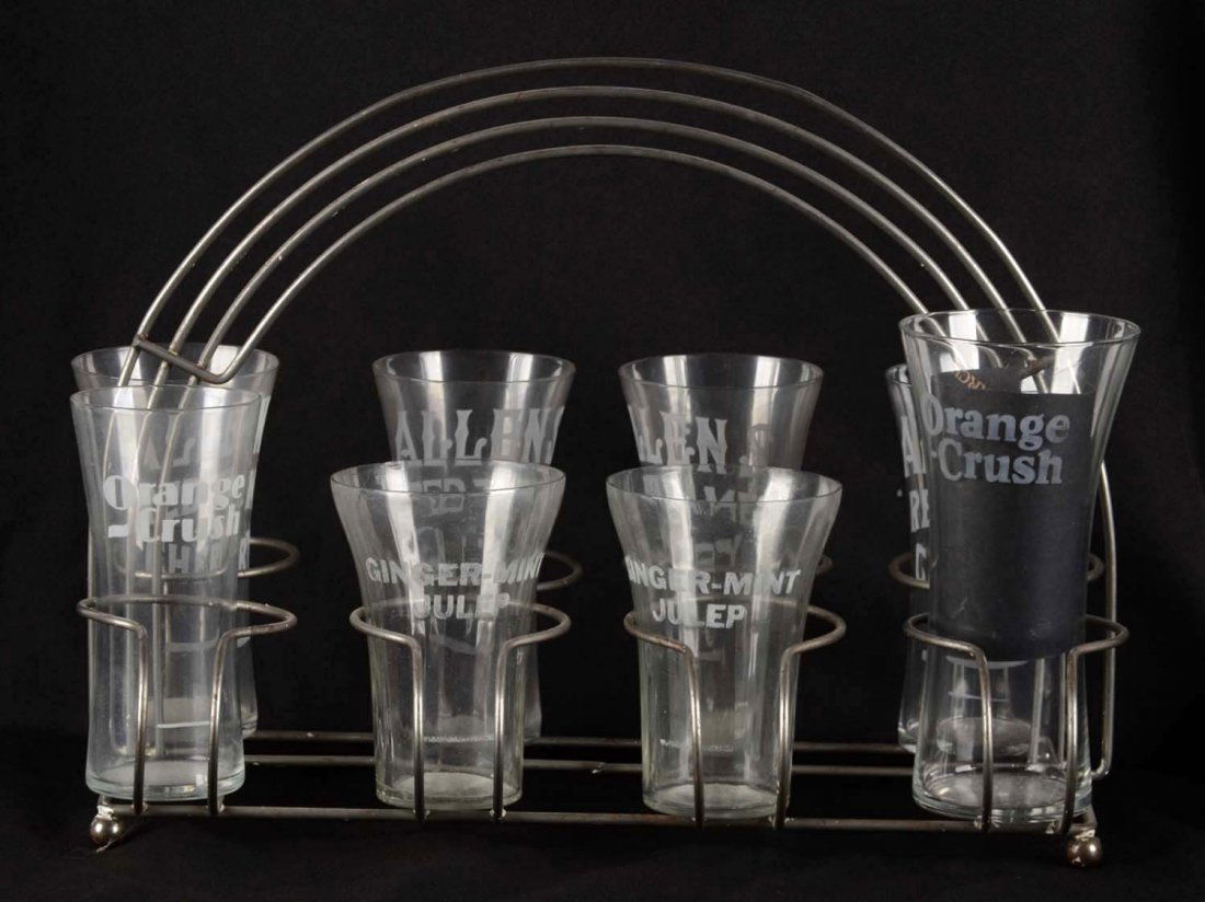 Lot Of 9: Etched Soda Glasses And Carrier (1 of 1)