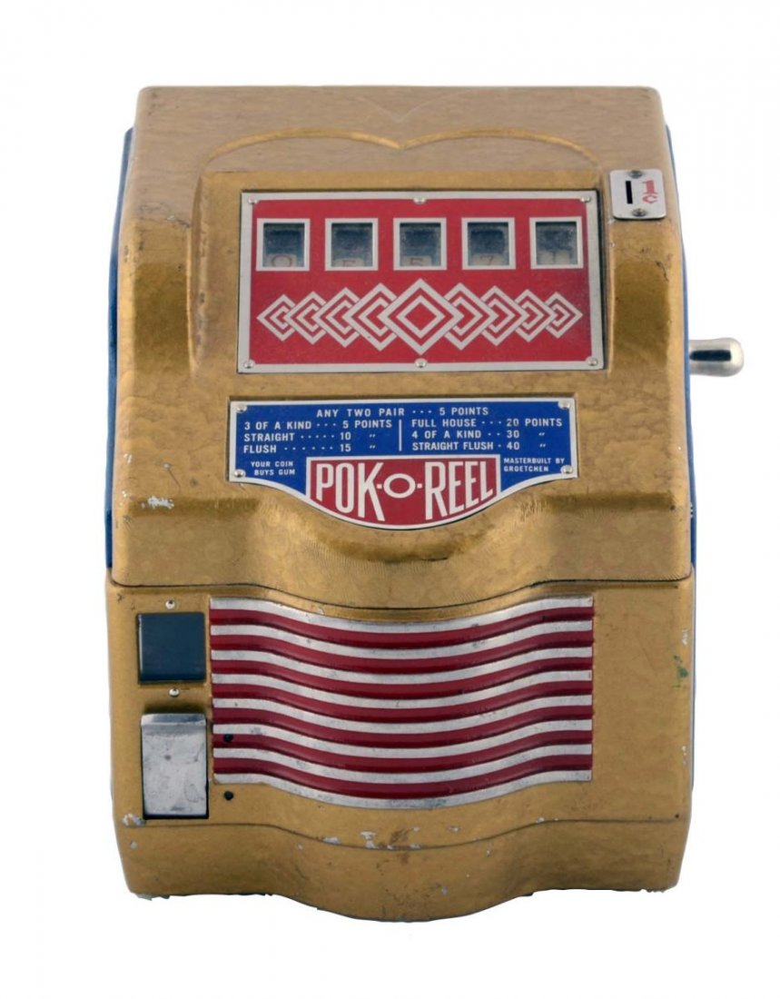 **1¢ Groetchen Pok-O-Reel Poker Trade Stimulator: Each coin provides the player with a ball of gum and the awards card shows how many points each hand is worth. Includes key but back door is not a very good fit. Circa 1941. Condition (Very Good). Siz
