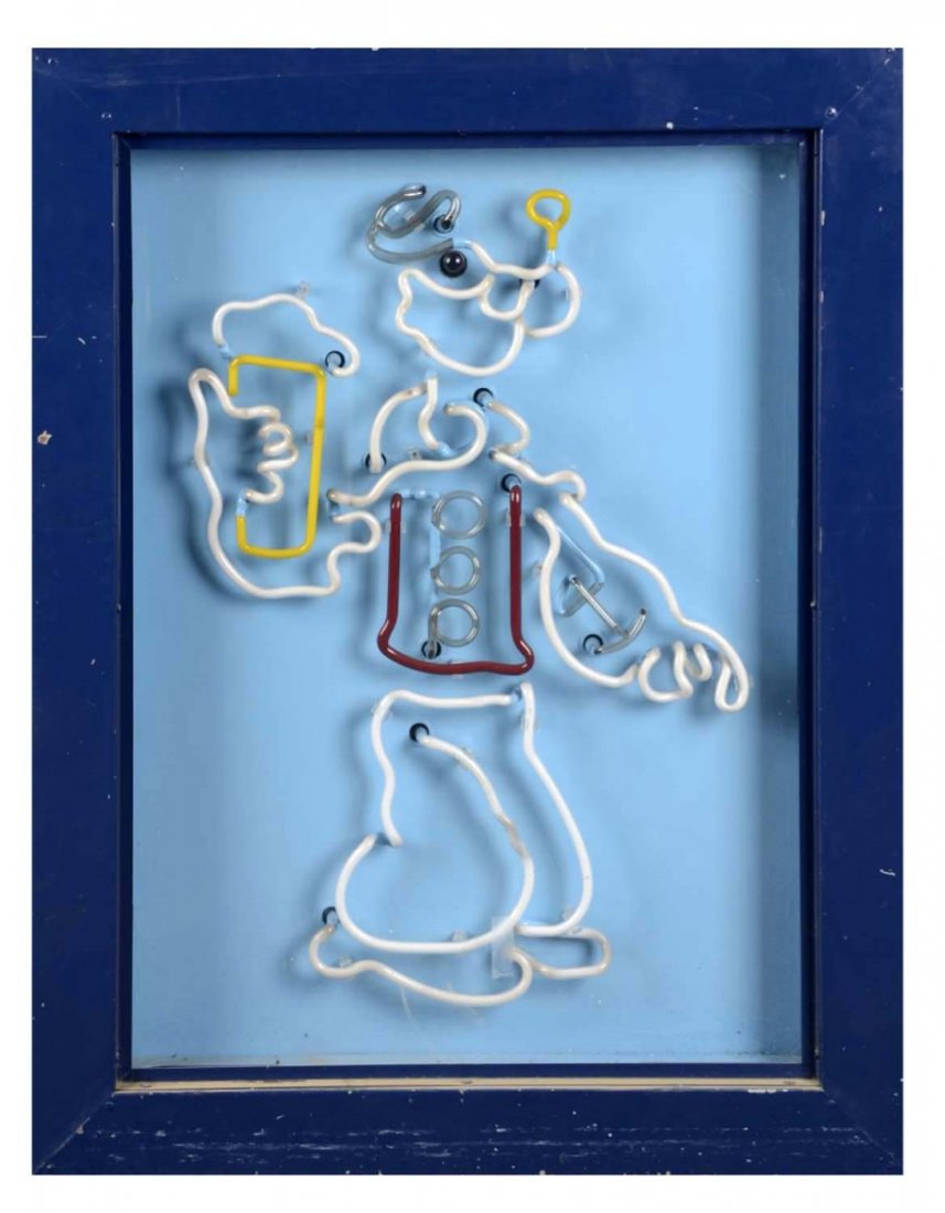 Popeye Neon Sign: This neon sign of Popeye is housed under glass in a metal cabinet. Condition (Excellent). Size 30" x 39"