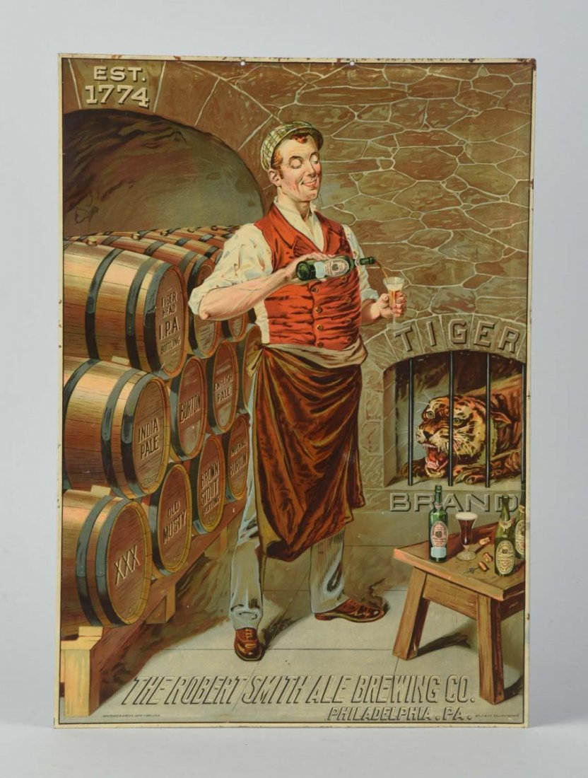 The Robert Smith Ale Brewing Tin Sign.: Advertising Tiger Brand Ale. Overall minor wear. Condition (Excellent). Size 19 -1/2" x 14".