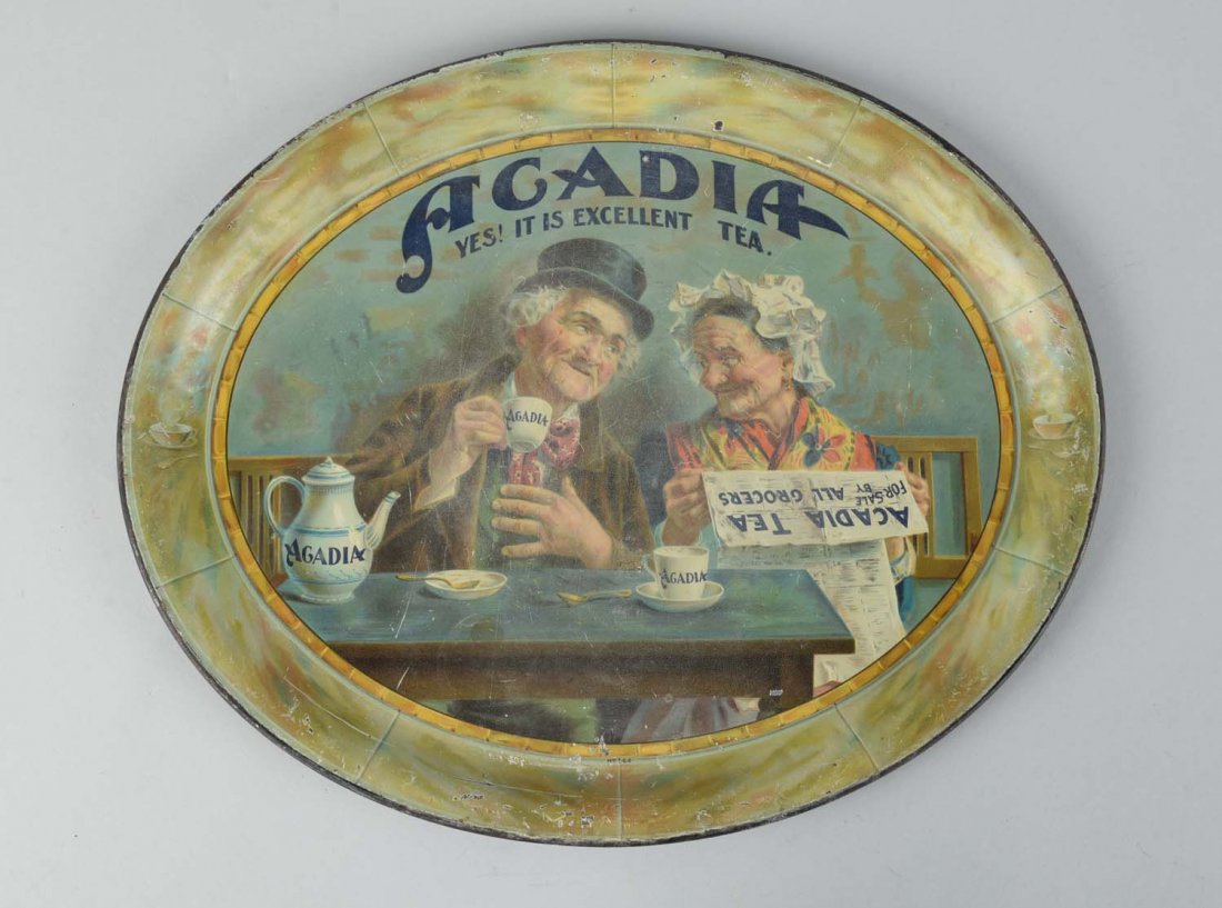 Acadia Tea Tin Advertising Serving Tray.: Overall fading and wear. The border and edges have moderate scrapes with paint loss. Field has a cloudiness haze over it. Condition (Good). Size 16 -1/2" x 13 -1/2".