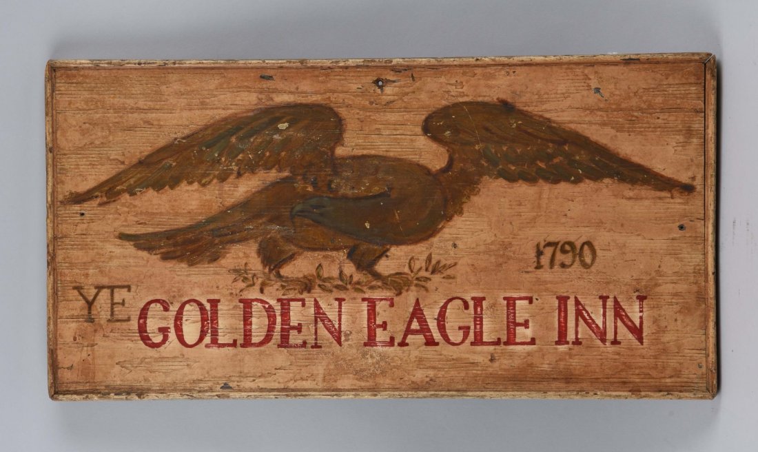 Golden Eagle Inn Wooden Sign.: The wood is very old but the paint appears to be from the 1970's. Has a nice decorative look with moderate wear to the edges and some scraping to the paint. Condition (Good-Very Good). Size 25'' x 12-
