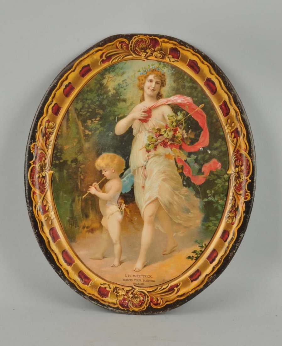 I. H. McKittrick Advertising Tray.: Tray has a fold to the top edge. Moderate edge and border wear with paint loss and scraping. The field has light scrapes with spotting apparent when held at a certain angle. Condition (Good - Very Goo