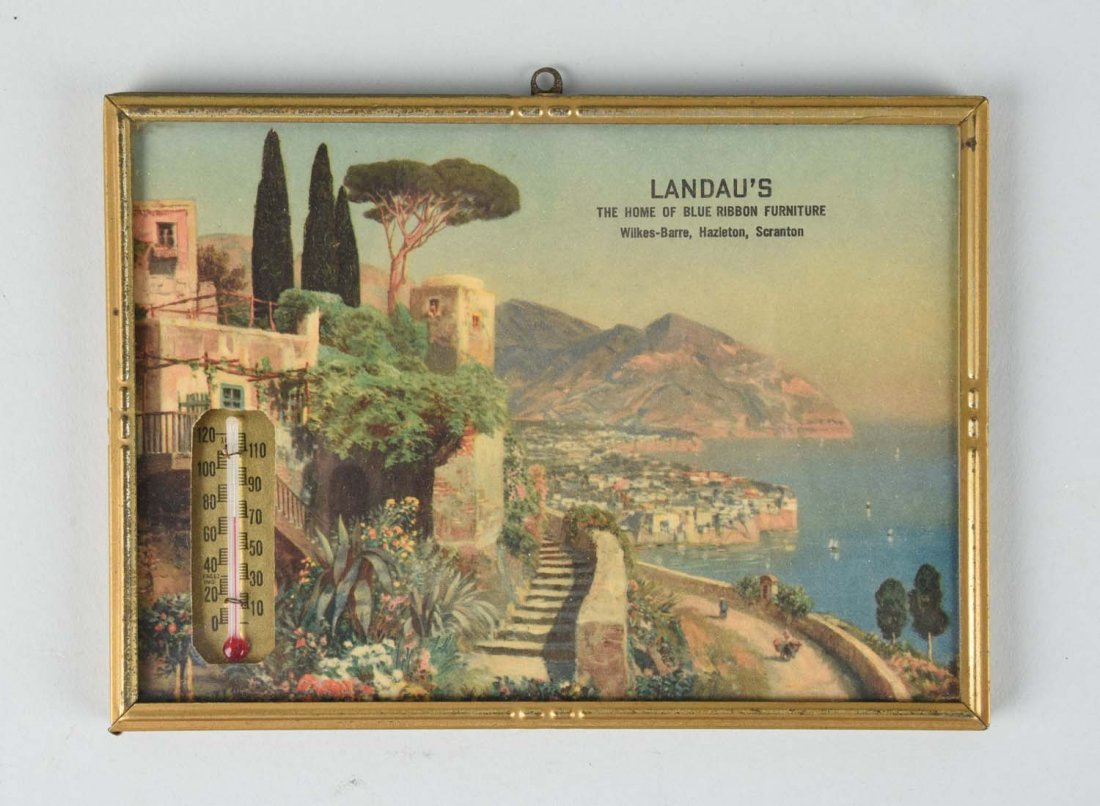 Landau's Furniture Store Thermometer: In working order. Very good condition with mild oxidation to the right edge. Condition (Near Mint). Size 7" x 5".