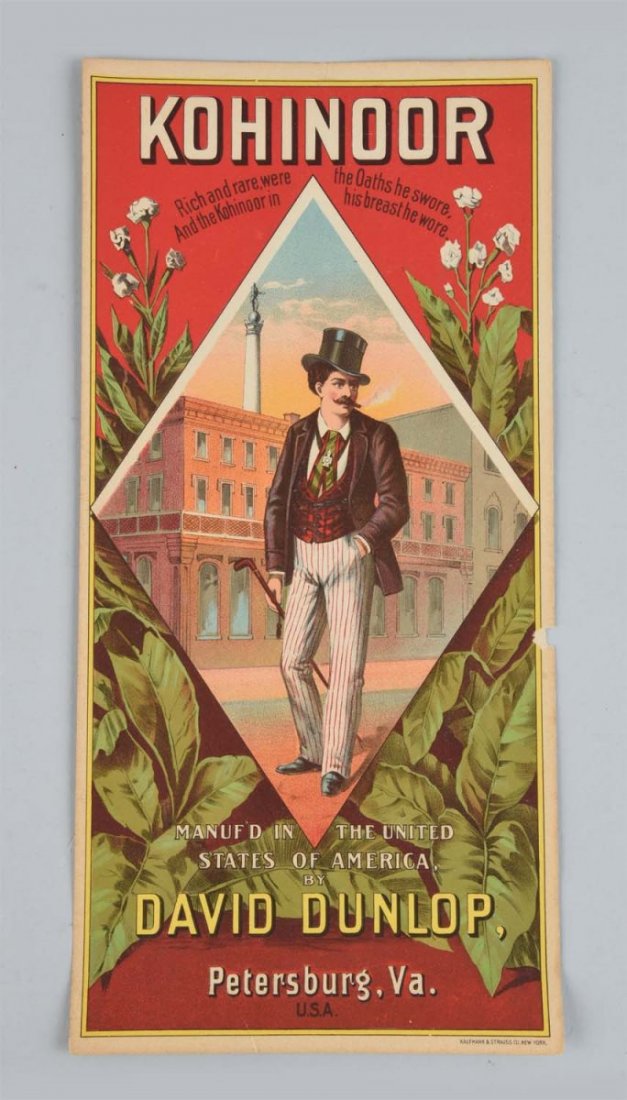 Kohinoor Tobacco Paper Crate Label.: Made by Kaufmann & Strauss. Has a paper chip out of the middle left edge. There is also a closed tear and fold mark on the upper right corner. Condition (Excellent Plus). Size 14" x 6 - 1/2".