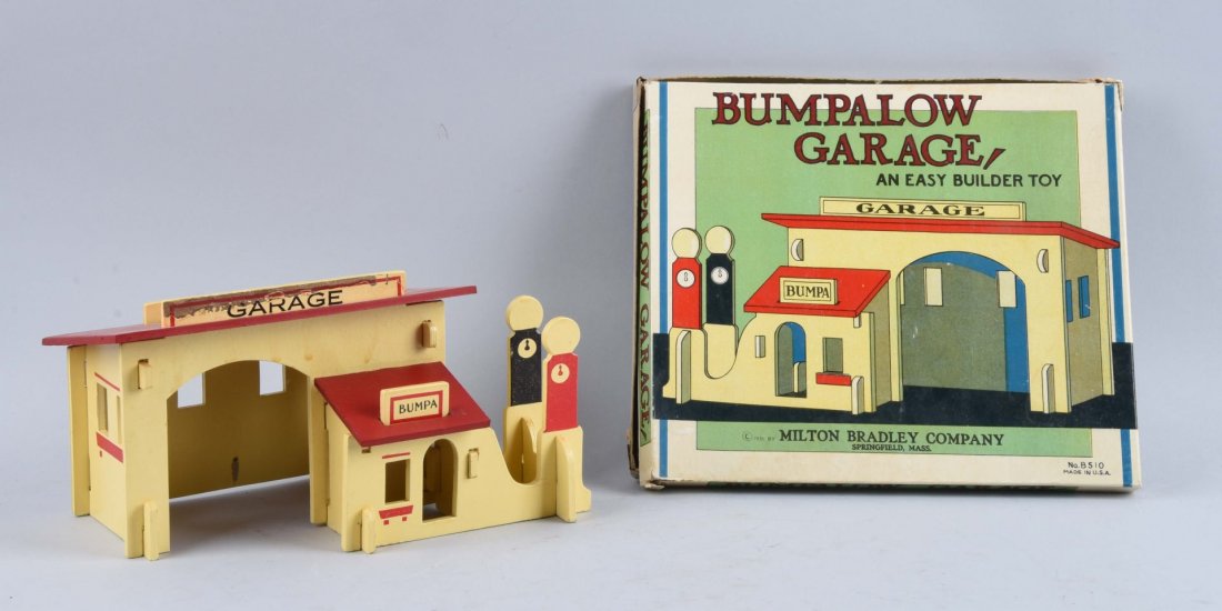 Milton Bradley Bumpalow Garage.: Made of pressed board. Original box marked "1931" Looks to be complete. Some creasing to box. Condition (Very Good - Excellent). Size Box: 11-1/2'' x 10''.
