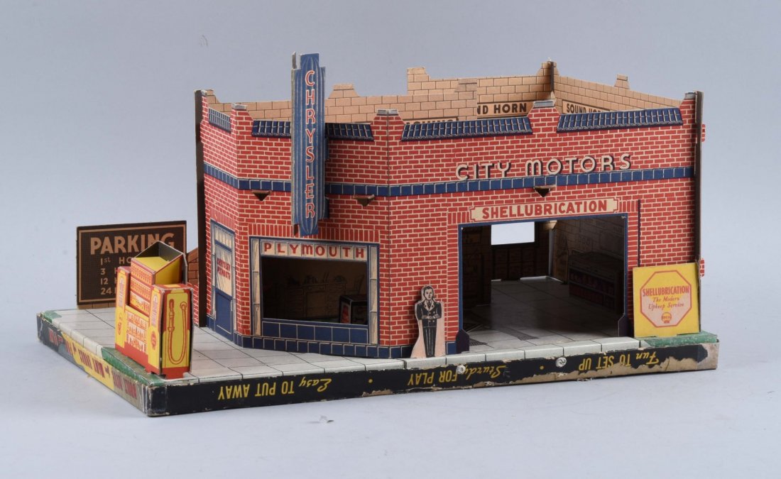 Built Right Cardboard Toy Garage.: Original box lid marked "Warren Paper Products Set No. 28 Toy Garage". Looks complete. Condition (Very Good). Size 17'' x 11'' x 10''.