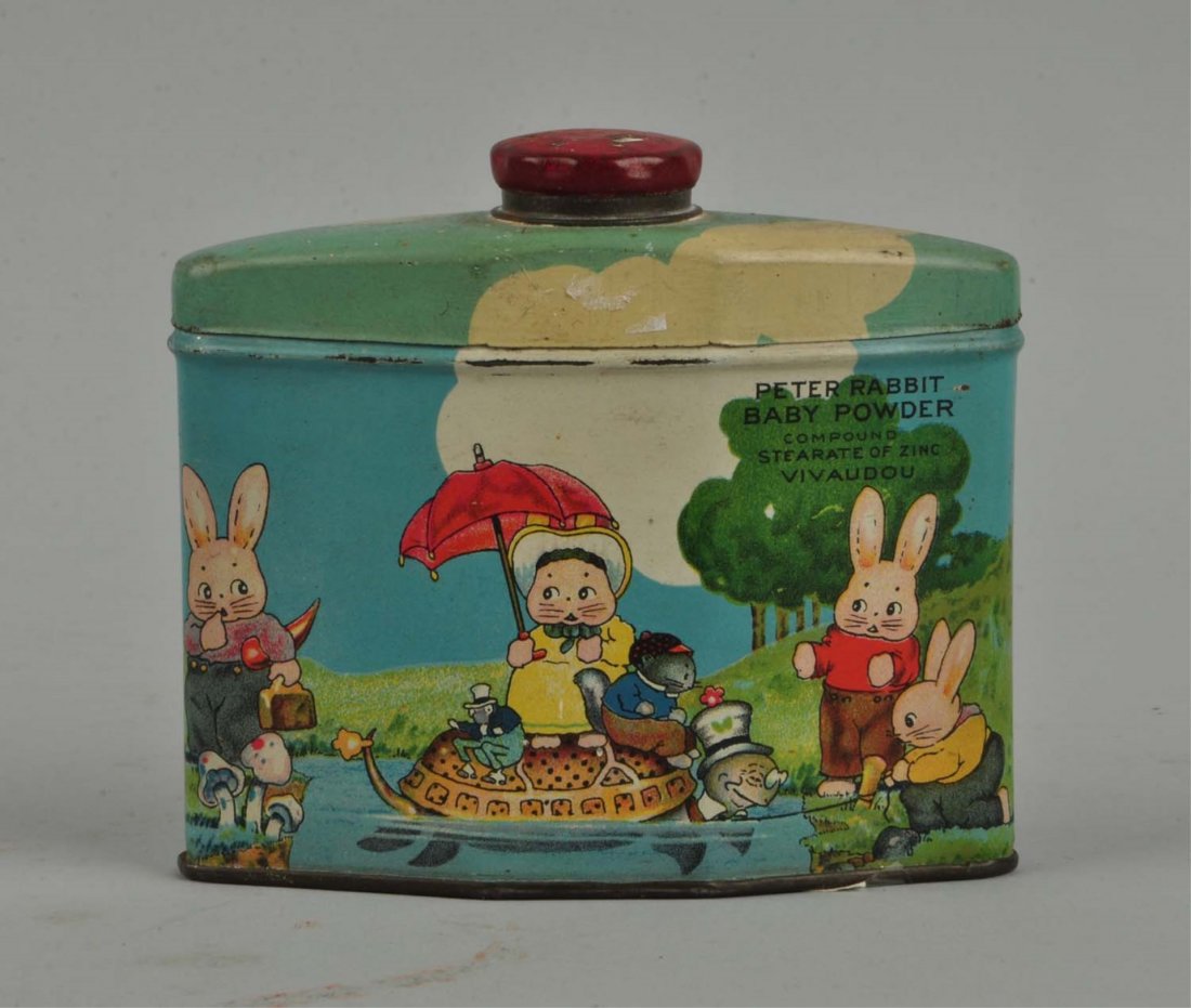 Peter Rabbit Baby Powder Tin Can.: Very good condition with clean graphics. Wear to the top edge and rim. Condition (Very Good). Size 3 - 3/4" T.
