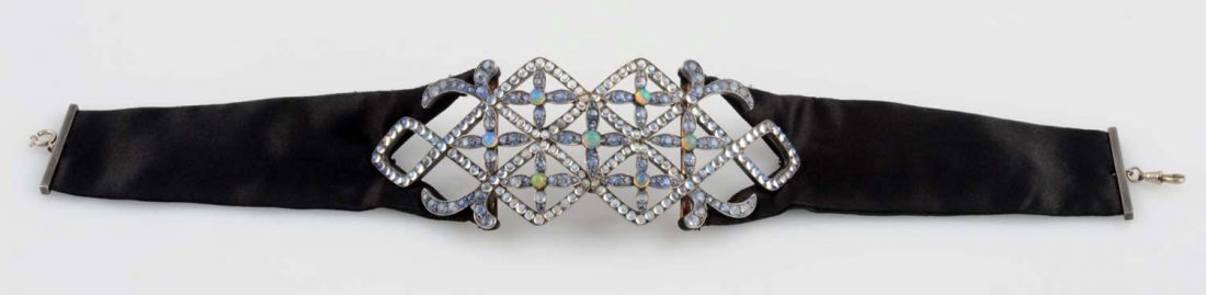 Sapphire, Moonstone & Opal Choker.: Sapphires 27.95 cts. TW. Moonstones 21.40 cts. TW. Opals 3.65 cts. TW. Silver. (Missing one moonstone). Size 15 - 1/2" L.