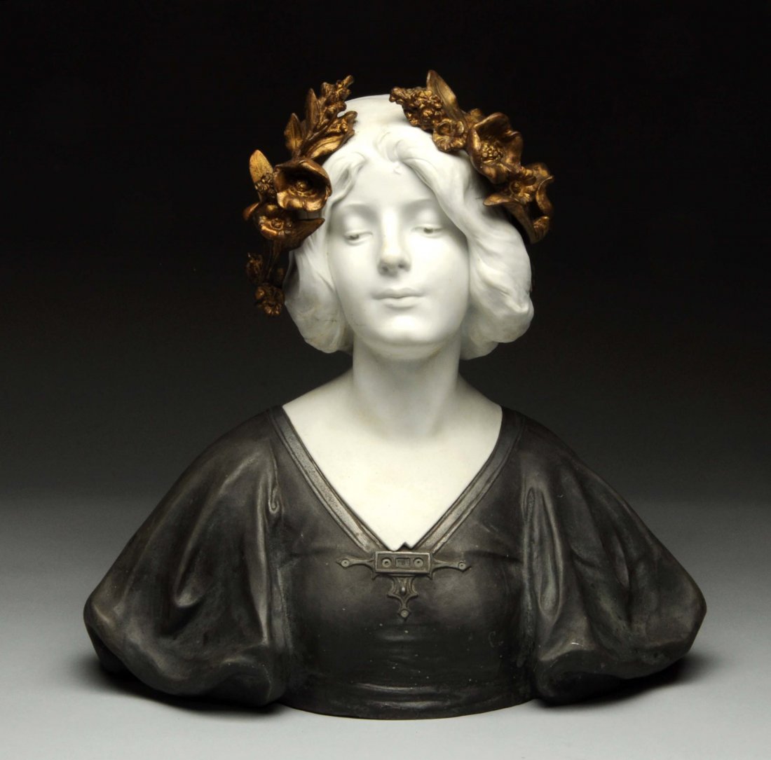 Art Nouveau Parian & Spectre Bust.: Circa 1870. Signed Causse in the back. Has some marks on the back of the woman head. Condition (Very Good). Size 17" T.