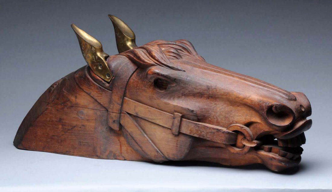 Carved Wooden Horse Head with Bronze Ears. (1 of 2)