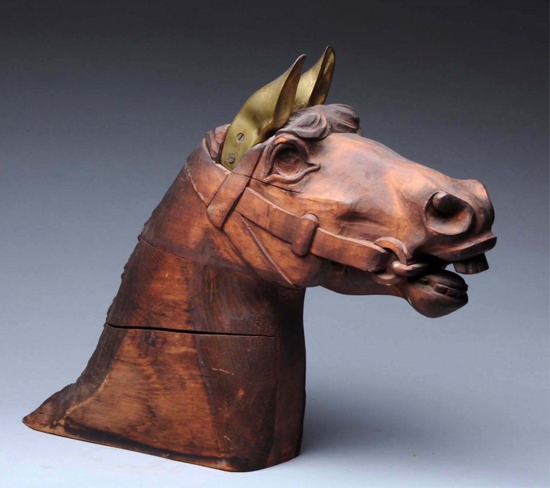 Carved Wooden Horse Head with Bronze Ears. (1 of 2)
