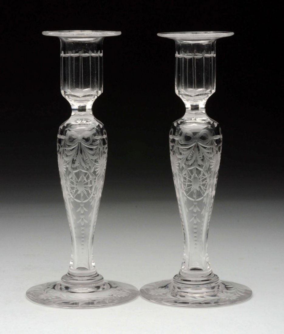 Lot Of 2: Etched Glass Candlesticks. (1 of 1)