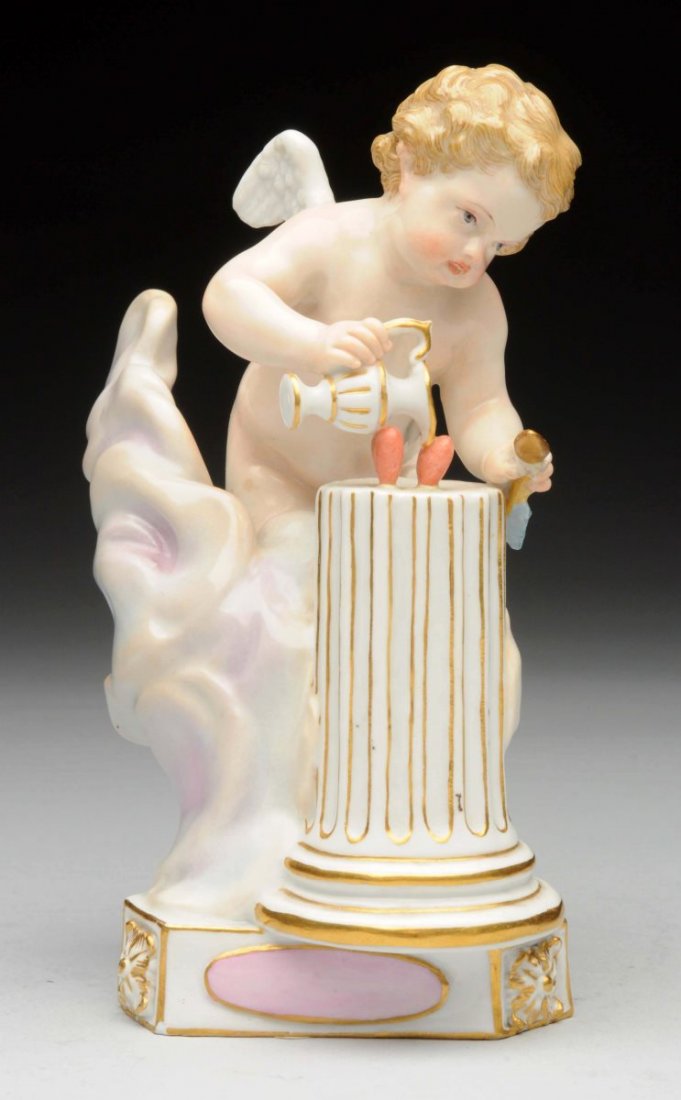 Meissen Porcelain Figure.: Of an angel pouring with a pitcher holding a arrow with crossed swords Meissen Mark. Two tiny flea bite chips on base. Size 5 - 1/2" T.