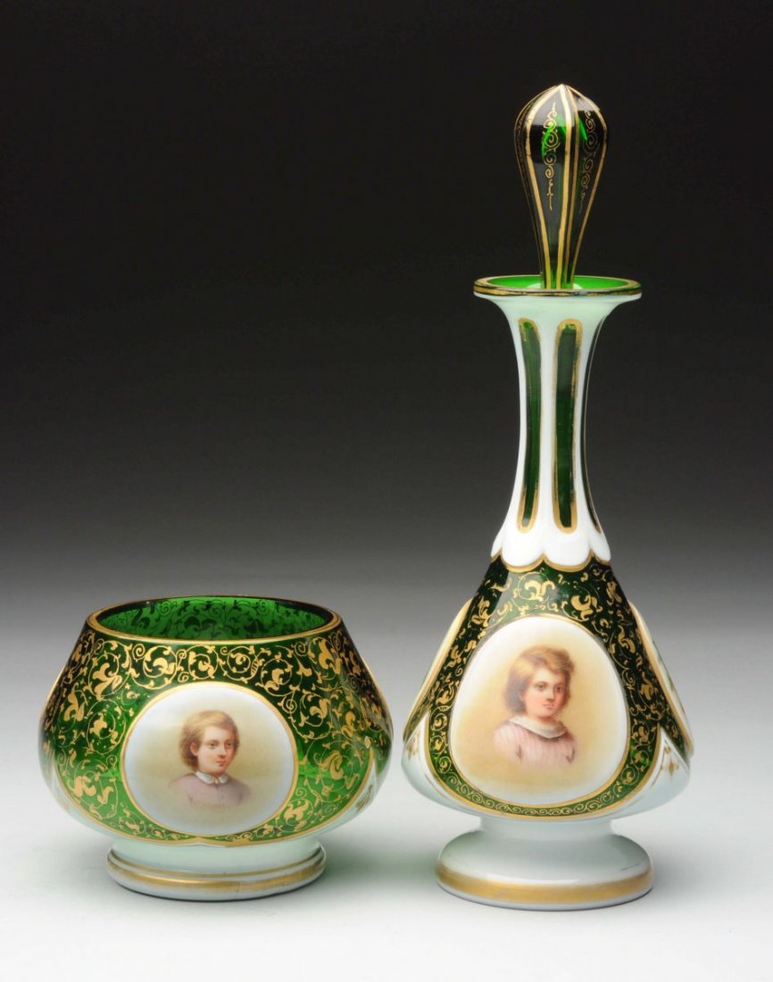 2Pc. Hand Painted Bohemian Overlay Cut Dresser Set (1 of 2)