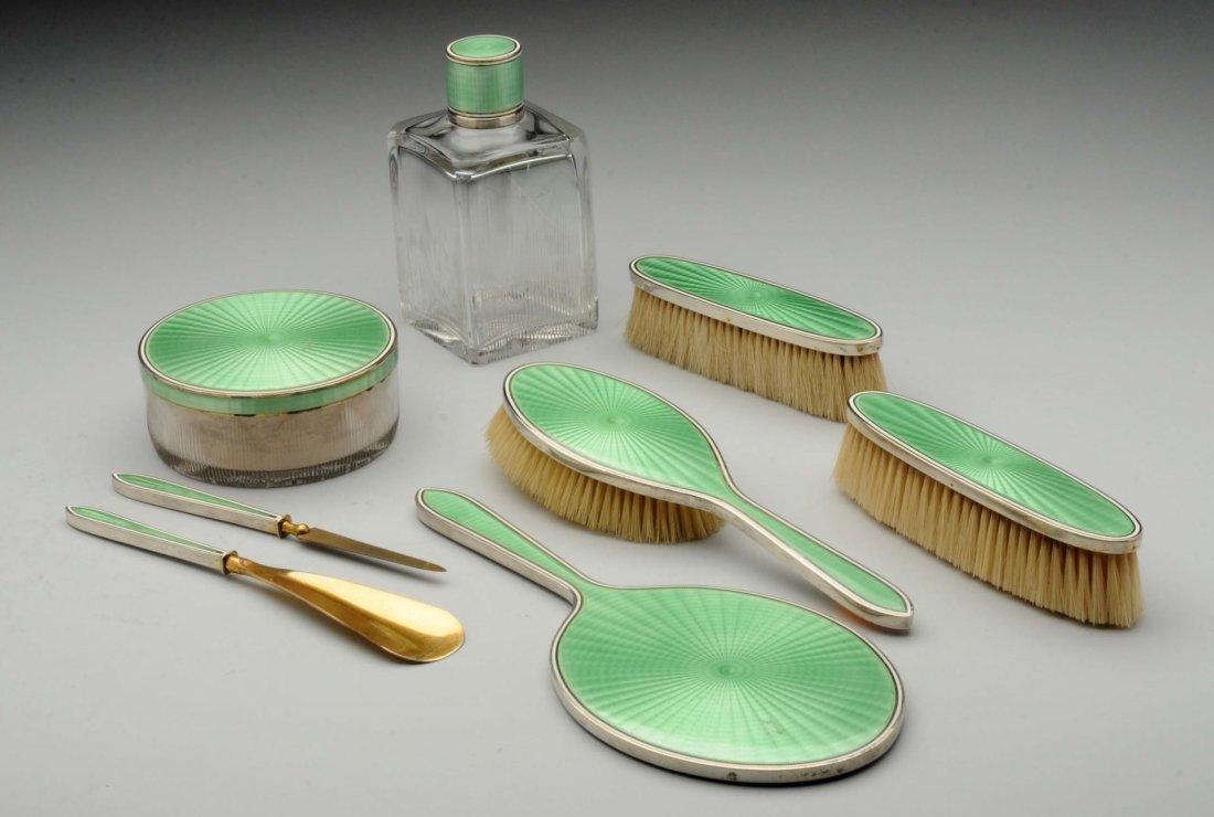 A Tiffany Sterling and Enamel Dresser Set. (1 of 2)