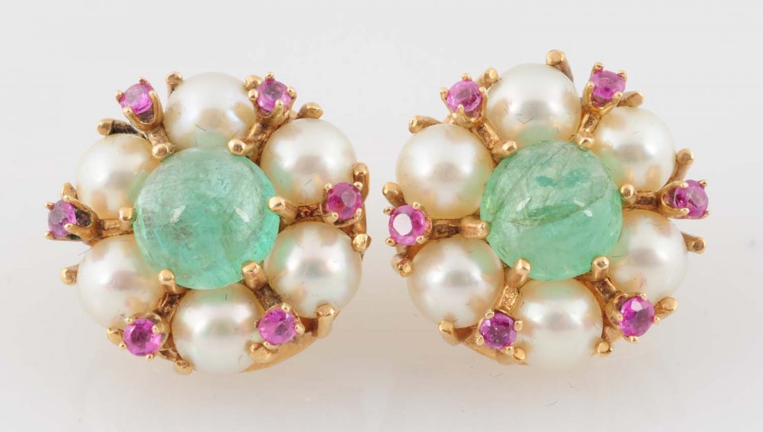 Emerald, Ruby, Pearl & 14k Earrings. (1 of 3)