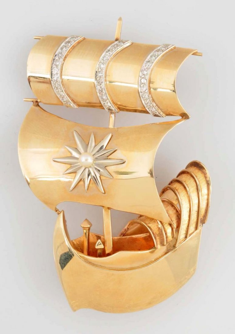 Mauboussin 14k Gold & Diamond Ship Brooch. (1 of 2)
