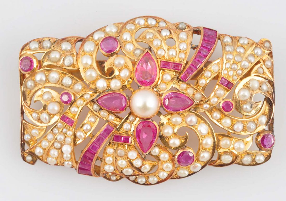 14k Gold Ruby & Pearl Brooch. (1 of 2)