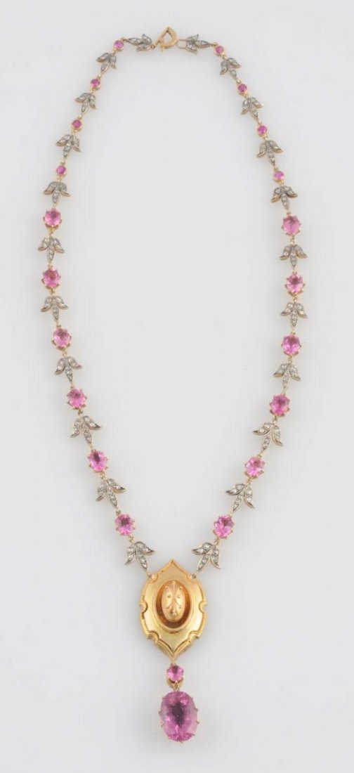 Rubellite, Diamond, Gold & Silver Necklace. (1 of 3)
