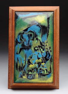 Joseph Trippetti Enamel Plaque.: On a wooden box frame. Dated 1957. 5" x 9". Condition (Excellent). Size 10-1/2'' x 6-1/2''.