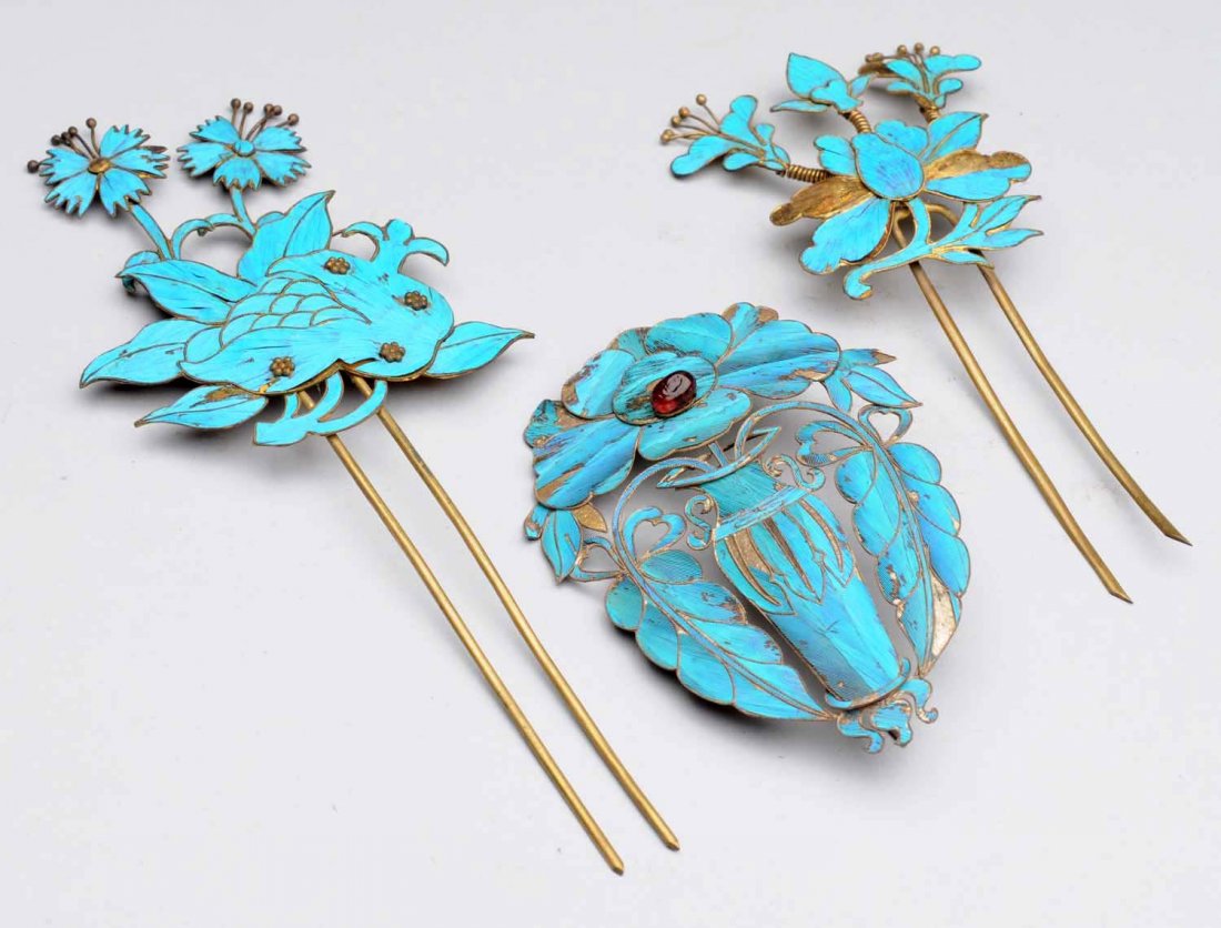 Lot of 3: Chinese King Fisher Hair Pins. (1 of 2)