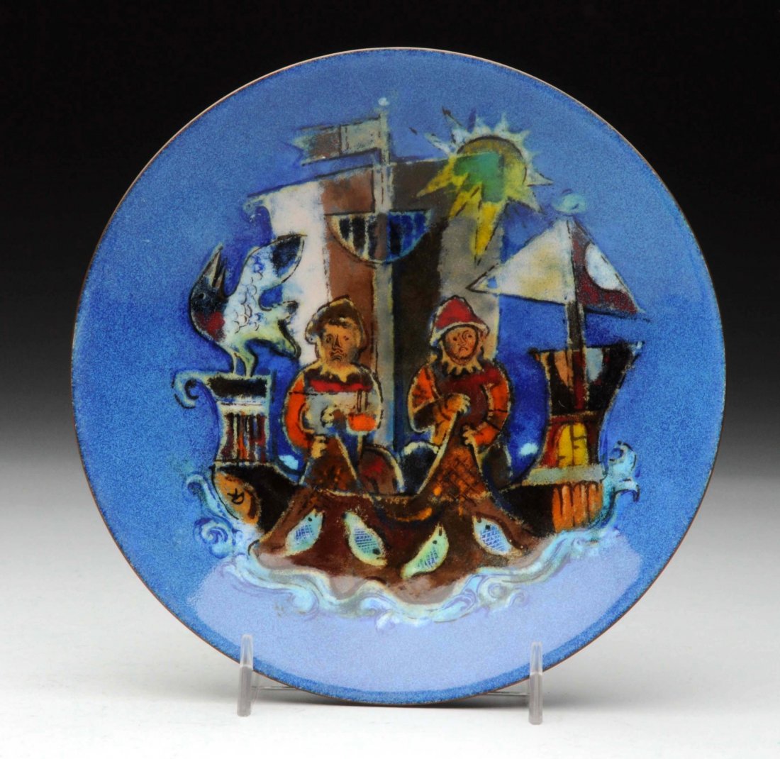 Karl Drerup American Enamel Bowl.: With fisherman and boat. Size 7-1/4'' Dia.