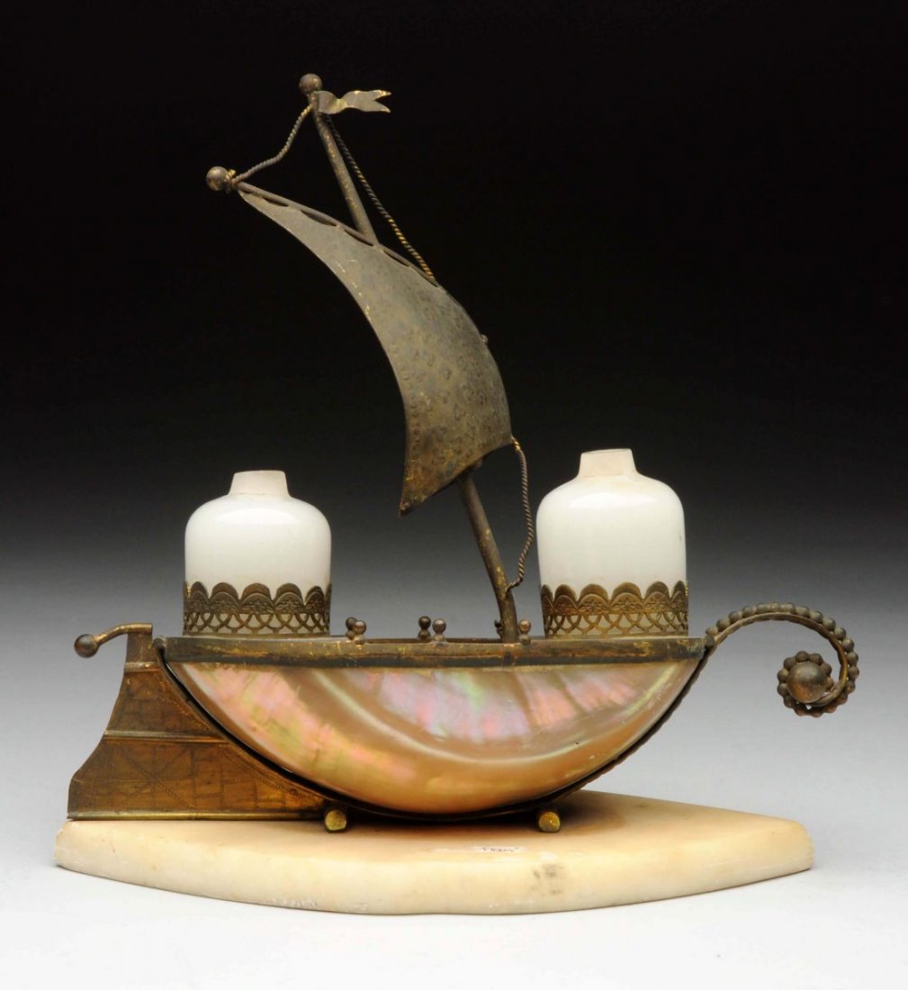 Bronze Inkwell Set In Shape Of A Ship. (1 of 2)